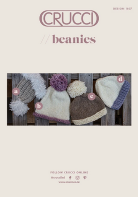 Knitting pattern cover for 4 beanies; grey rib with faux fur trim; cream with lilac trim & pompom; brown and cream stocking stitch; cream and blue stocking stitch.