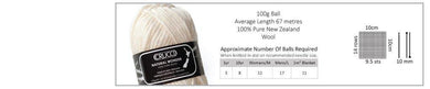 Natural Wonder yarn info, ball of cream yarn, 100g ball, length 67m, 100% pure NZ wool, average number of balls per garment, tension gauge, 10mm needles