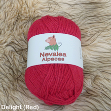 Load image into Gallery viewer, Nevalea alpaca 4ply ball of yarn in Delight (Red) shade.