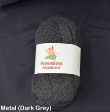 Load image into Gallery viewer, Nevalea alpaca 4ply ball of yarn in Metal (dark grey) shade.
