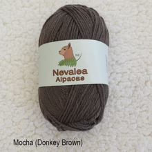 Load image into Gallery viewer, Nevalea alpaca 4ply ball of yarn in Mocha (donkey brown) shade.
