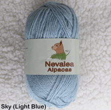 Load image into Gallery viewer, Nevalea alpaca 4ply ball of yarn in Sky (light blue) shade.
