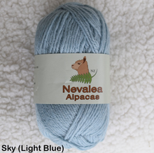 Load image into Gallery viewer, Nevalea alpaca 4ply ball of yarn in Sky (light blue) shade.
