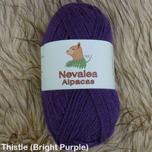 Load image into Gallery viewer, Nevalea alpaca 4ply ball of yarn in Thistle (bright purple) shade.