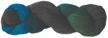 Load image into Gallery viewer, Touch Yarns 2ply Hand-Painted Merino, Possum & Silk yarn in Hummingbird variant of royal blue, teal/deep green, grass green and charcoal.