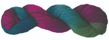 Load image into Gallery viewer, Touch Yarns 2ply Hand-Painted Merino, Possum &amp; Silk yarn in Macaw variant of fuchsia pink, teal, light teal, light grass green and purple.
