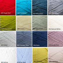 Load image into Gallery viewer, All colours of Naturally Classic DK Magic Garden 100% pure NZ Merino wool. Bright red, turquoise, petrol blue, dark silver, lime green, cream, grey green, natural white, silver, smokey blue, navy, dusky pink, white, pale blue, mustard, pale pink.