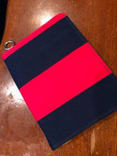 Load image into Gallery viewer, KnitPro Zing Crochet Hook Set case in navy blue and red, closed on wooden surface