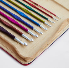 Load image into Gallery viewer, KnitPro Zing Crochet Hook Set in case, all 9 colourful hooks visible from halfway up shank, displayed in case closeup