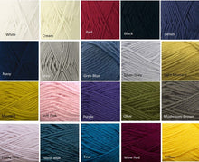 Load image into Gallery viewer, All colours of Naturally Loyal 10ply Aran pure NZ wool. White, cream, red, black, denim, navy, grey, grey-blue, silver grey, light mustard, mustard, soft pink, purple, olive, mushroom brown, dusky pink, petrol blue, teal, wine red, yellow.
