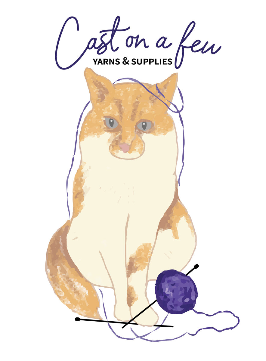 Cast On A Few full size logo, ginger and white cat with knitting needles under front paws and blue yarn wound around right ear with ball of yarn on floor on right. Cast On A Few Yarns and Supplies script above.