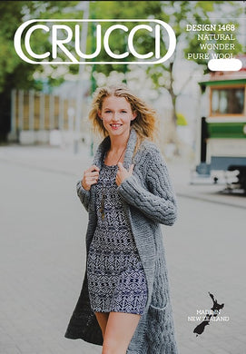 Crucci knitting pattern 1468 long coat with zig-zag cable pattern, shawl collar and knitted-in pockets, in silver grey colour