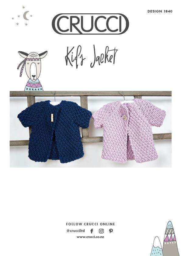 Chunky knit kids' jacket pattern cover in popcorn stitch; short sleeved, single button fastening; two models shown, one navy, other lilac.