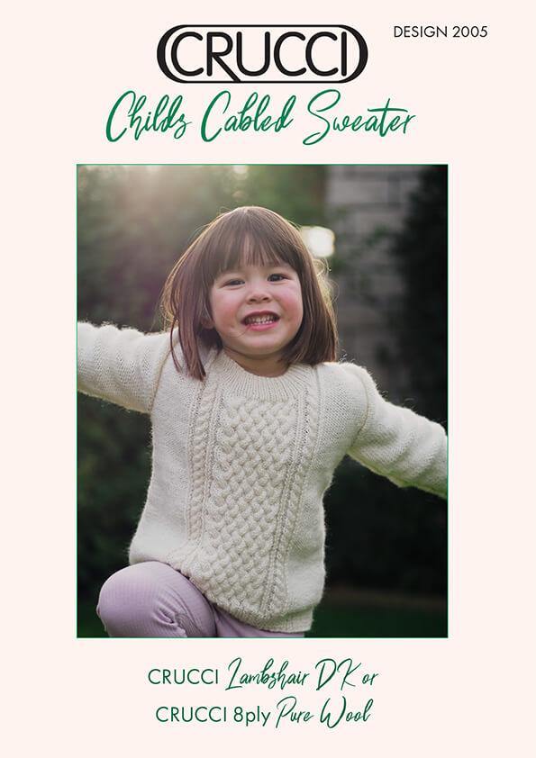 Kids' cabled sweater pattern cover, 8ply, cabled centre panel, stocking stitch elsewhere.