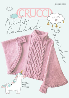 Kids' cabled bat-wing poncho pattern cover, stocking stitch/double rib/cable, roll-neck collar