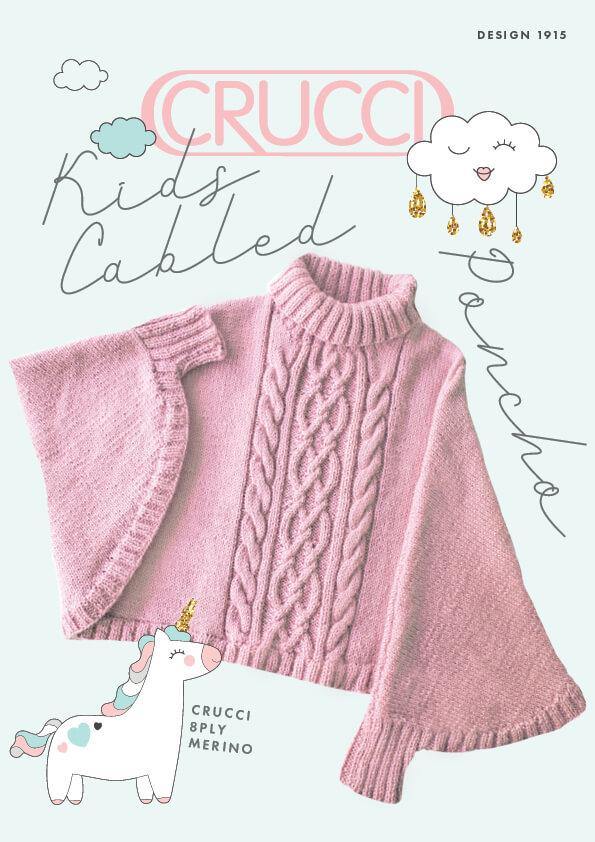 Kids' cabled bat-wing poncho pattern cover, stocking stitch/double rib/cable, roll-neck collar
