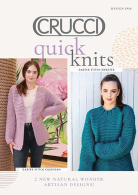 Chunky knit cardigan and sweater pattern cover, garter stitch, no fastening on cardigan. Pink cardigan, green sweater.