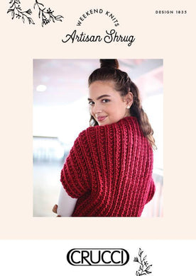 Super chunky knitted shrug pattern cover in red.