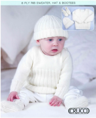 Babies' 8ply rib sweater, hat & bootee pattern cover, in cream