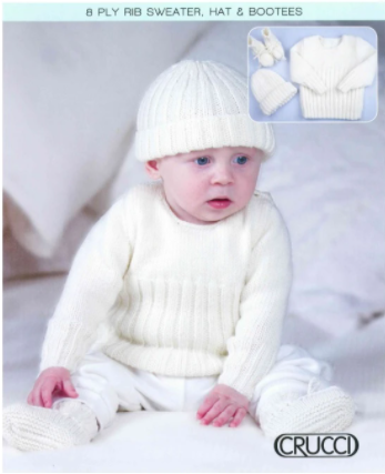 Babies' 8ply rib sweater, hat & bootee pattern cover, in cream