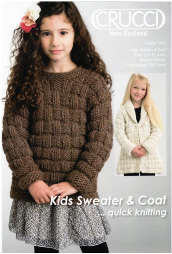Child's chunky knit sweater and coat knitting pattern cover in basketweave pattern. Coat has shawl collar and wooden long button fastener.