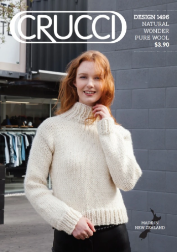 Chunky knit sweater pattern front in cream, loose fit, long sleeves, turtle-neck.
