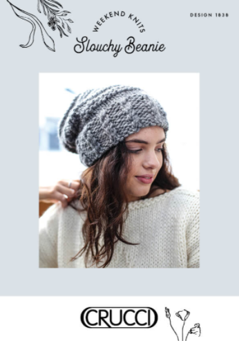Chunky knitting pattern cover for slouchy beanie in silver grey; cable and garter stitch pattern.