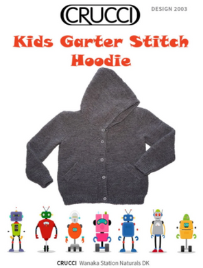 Kids' garter stitch hoodie pattern cover, 2 pockets, 5 buttons, in silver grey.