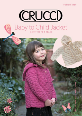 Baby to child jacket knitting pattern cover; basketweave pattern, hooded; two examples, pink and cream