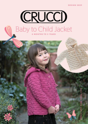 Baby to child jacket knitting pattern cover; basketweave pattern, hooded; two examples, pink and cream
