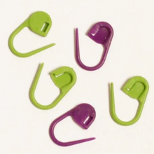 Load image into Gallery viewer, 3 lime green and 2 crimson stitch markers for knitting
