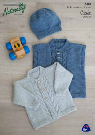 Baby's knitted cardigan, vest and hat pattern cover, cable detail on stocking stitch