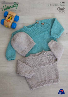 Baby's knitted sweater and hat pattern cover, raglan style, 2-button fastening, garter and stocking stitch detail