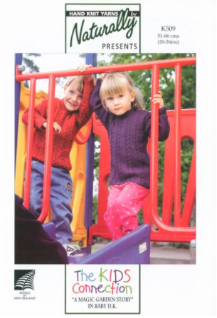 Kids' knitted sweater pattern cover, long style, crew neck, repeat cable and stocking stitch pattern.
