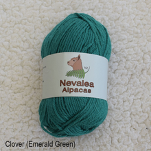 Load image into Gallery viewer, Nevalea alpaca 4ply ball of yarn in Clover (emerald green) shade.
