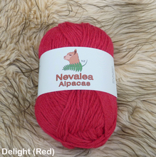 Load image into Gallery viewer, Nevalea alpaca 4ply ball of yarn in Delight (Red) shade.
