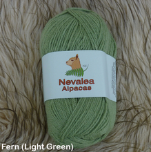 Load image into Gallery viewer, Nevalea alpaca 4ply ball of yarn in Fern (light green) shade.
