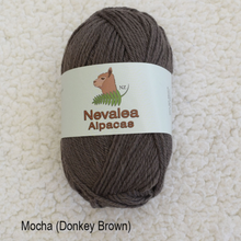 Load image into Gallery viewer, Nevalea alpaca 4ply ball of yarn in Mocha (donkey brown) shade.
