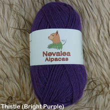 Load image into Gallery viewer, Nevalea alpaca 4ply ball of yarn in Thistle (bright purple) shade.
