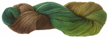 Load image into Gallery viewer, Touch Yarns 2ply Hand-Painted Merino, Possum &amp; Silk yarn in Budgie variant of earthy brown through to grassy greens and yellow-green.

