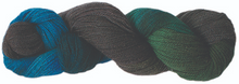 Load image into Gallery viewer, Touch Yarns 2ply Hand-Painted Merino, Possum &amp; Silk yarn in Hummingbird variant of royal blue, teal/deep green, grass green and charcoal.
