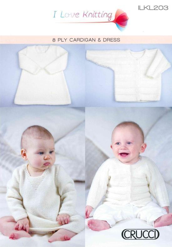 Baby's 8ply cardigan and dress knitting pattern cover; dress and cardigan separately and on models, all in cream